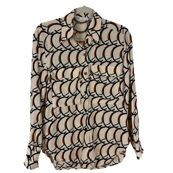 2/$30 Zara Beige Retro Print Overzised Collared Shirt Blouse Button Pockets XS - Picture 3 of 13